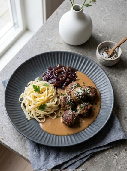 Köttbullar med pasta och&nbsp;brunsås